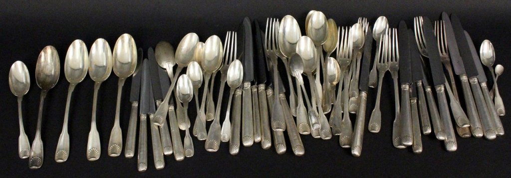 56 Pieces of Misc. English Sterling Flatware: 10 dinner knives, 10 luncheon knives, 6 dinner forks, 5 luncheon forks, 5 table spoons, 9 oval soup/dessert spoons, 10 tea spoons, 1 demitasse spoon. Weight without knives: 64.425ozt.