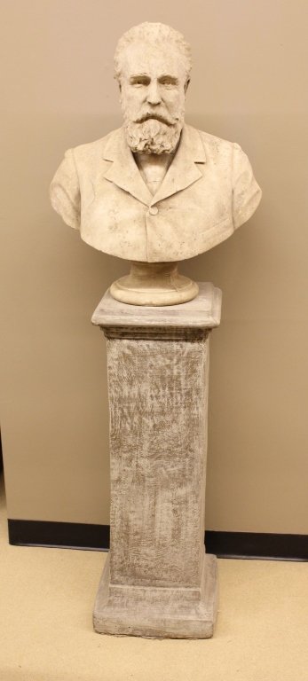 Carved Stone Bust of a Bearded Gentleman, Signed: Continental School, Late 19th/Early 20th century. Carved stone figural bust depicting a bearded distinguished gentleman wearing a jacket. Bust of male figure on a socle base. Indistinguishably inscrib