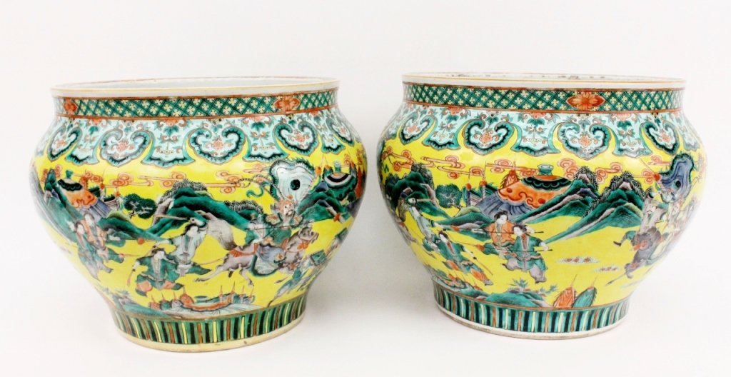 Pair of Large Contemporary Chinese Planters: Chinese, 20th century to Contemporary. Two large matching planters or pots with green and yellow banded decoration at top and around neck with coral flowers. Exterior hand painted with landscape with 