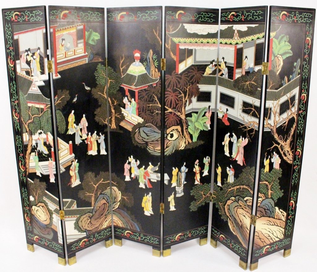Chinese Six Panel Coromandel Screen: Chinese six panel black lacquered coromandel screen with courtly figures in landscape marked with buildings, trees and rocky outcroppings surrounded by frame with green scrolled foliates, red flowers 