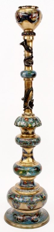 Champleve Dragon Motif Torchiere: Asian, likely Japanese, 20th century. Floor lamp or torchiere composed of copper metal accented with champleve enamel bands with serpentine dragons, flowers, arabesques and archaic marks. Applied pati