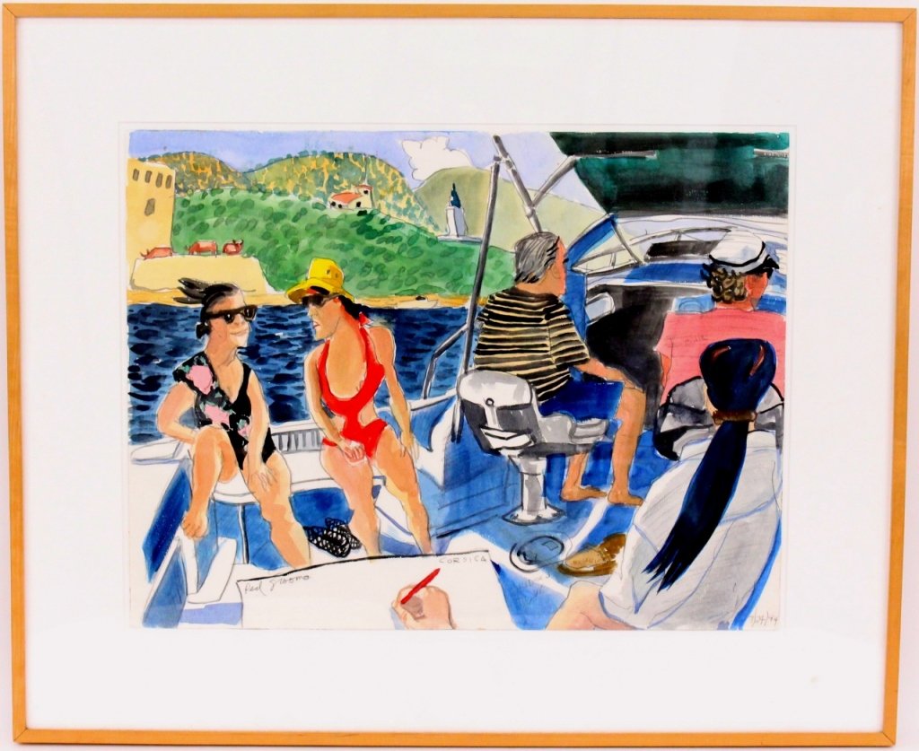Red Grooms "Corsica" Watercolor: Red Grooms (American 1937- ), "Corsica"-1994, watercolor on paper. Painting depicting five figures on a boat in Mediterranean Sea. View of the island coastline behind the woman in swimwear and sunglas