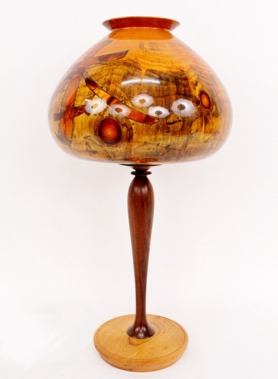 Billy Hall Turned Wood Table Lamp: Bill Hall (American (Durham, North Carolina), Contemporary. Hand turned "Sunrise" wood table lamp with thin southern white pine shade with kanji-like character on side above stained turned wood shaft