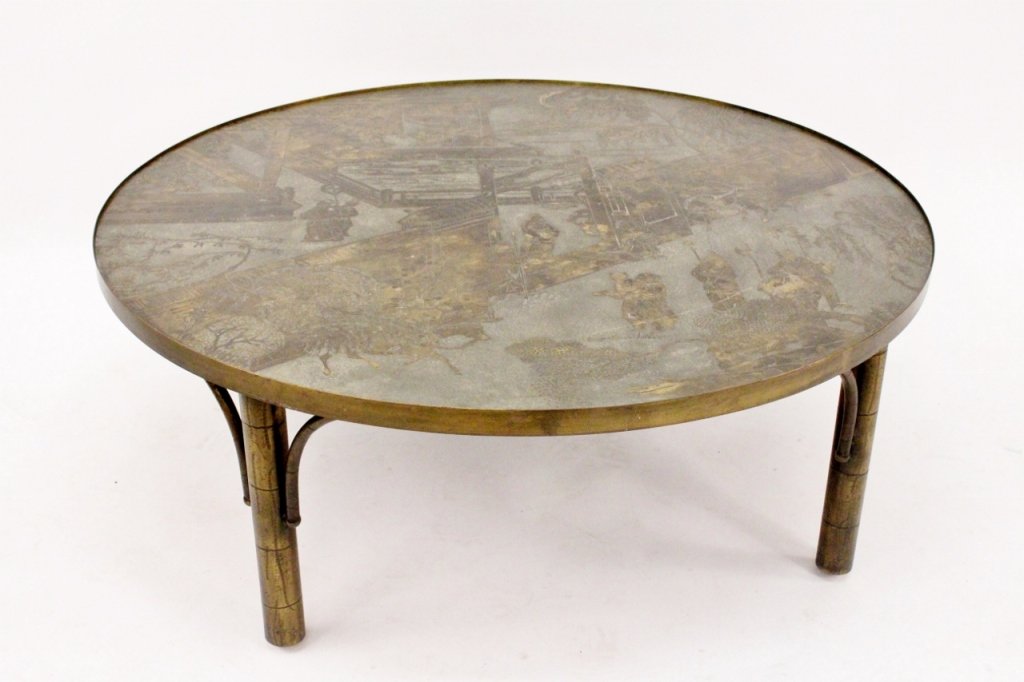 LaVerne Bronze Round "Chan" Coffee Table: Philip LaVerne (American,1908 - 1988) and Kelvin LaVerne (American, b. 1936). Large round etched and patinated bronze metal "Chan" coffee or low table with Orientalist figural motif. Table raised on f