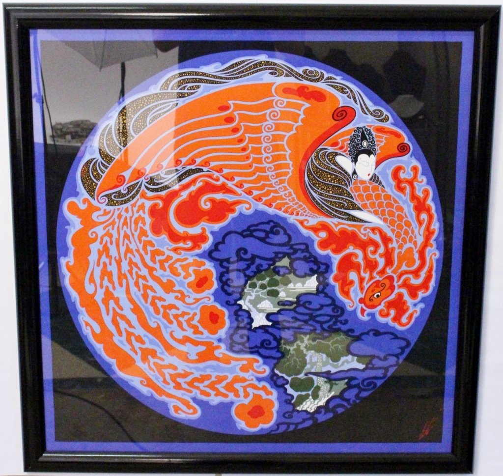 Erte "Dream Voyage" Silk Scarf, Framed: Romain de Tirtoff "Erte" (Russian/French 1892-1990), "Dream Voyage" framed silk scarf (likely for Carry Back Ltd.). Signed within the matrix in red lower right. Round image on black within blue border