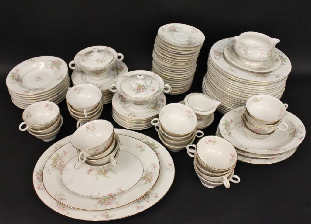 Theodore Haviland "Apple Blossom" China--93 Pieces: American, 20th century. Theodore Haviland, New York, "Apple Blossom" china, 93 pieces. Large group of china in Apple Blossom pattern comprising of three oval vegetable serving dishes; two lidded sugar