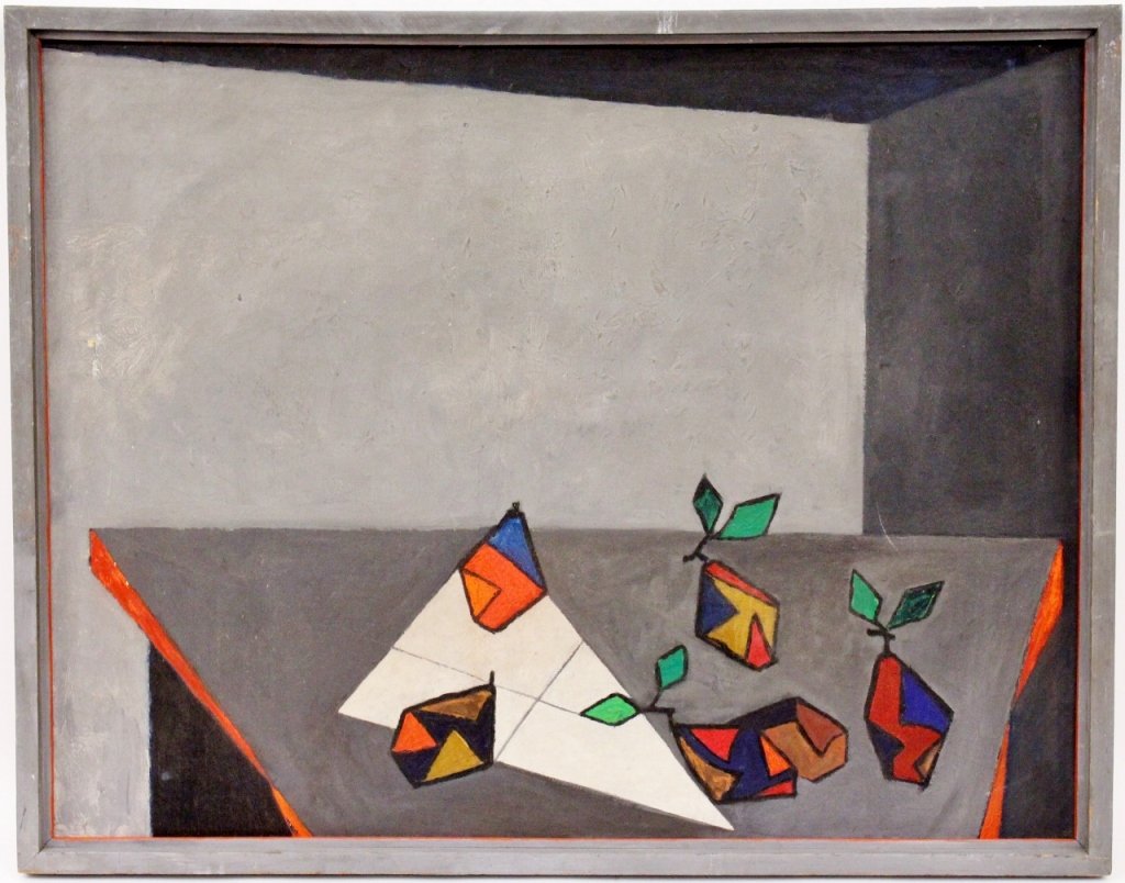 Modern Cubist Style Still Life w/Fruit Oil: American School, 20th century, "Still Life with Fruit", oil on canvas. Unsigned. Painting depicting a gray table top with minimal rendering of a triangular white napkin with cubist style angular multi