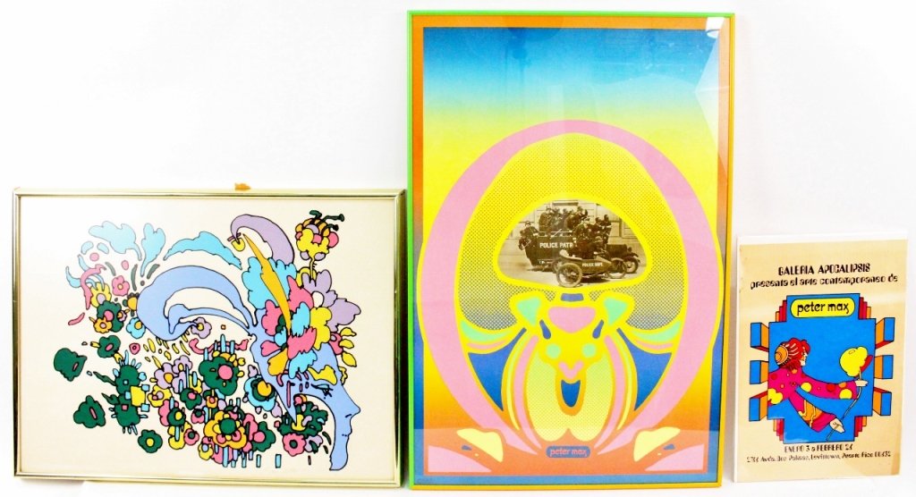 Group of 3 Peter Max Works: Group of three Peter Max (American, b. 1937) works including a brightly colored serigraph "Leaving It Behind"-1971 depicting a woman's face in profile with floral accented, pencil signed and dated low
