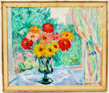 Pierre Philippe Bertrand Floral in Interior Oil: Pierre Philippe Bertrand (French 1884-1975), "Le Bouquet sur la Baie du Jardin", oil on canvas. Signed lower right. Painting depicting a bright and cheerful interior view of a bouquet of pink, red and