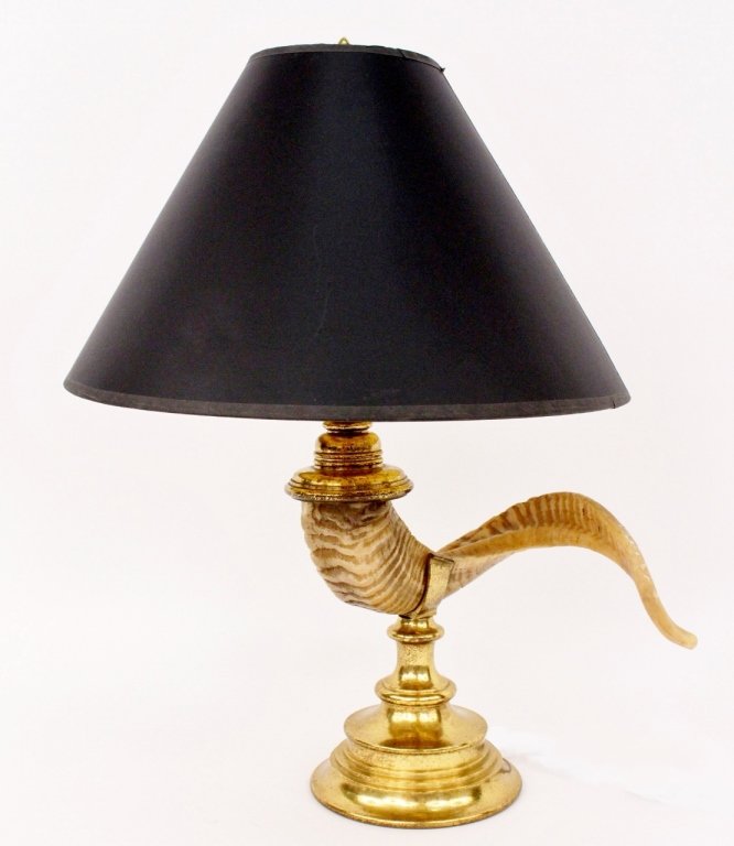 Chapman Ram's Horn & Brass Table Lamp: Chapman Lamp Manufacturing Company (American, last quarter of 20th century). Brass metal base supporting cast faux twisting ram's horn surmounted by brass candle stick form below shaft with two electr