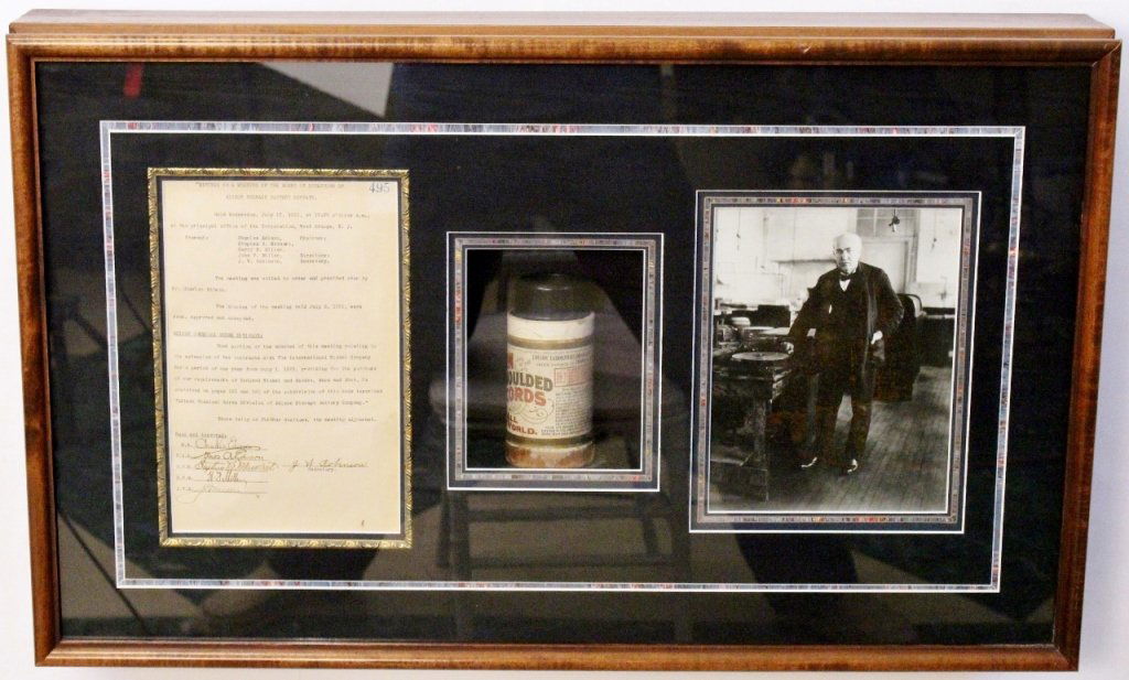 Thomas Edison Signed Document in Shadow Box: Thomas Edison shadow box grouping comprising of signed minutes of a meeting of the Board of Directors of Edison Storage Battery Company dating to 1921 with signatures from Thomas Edison, Charles Ediso
