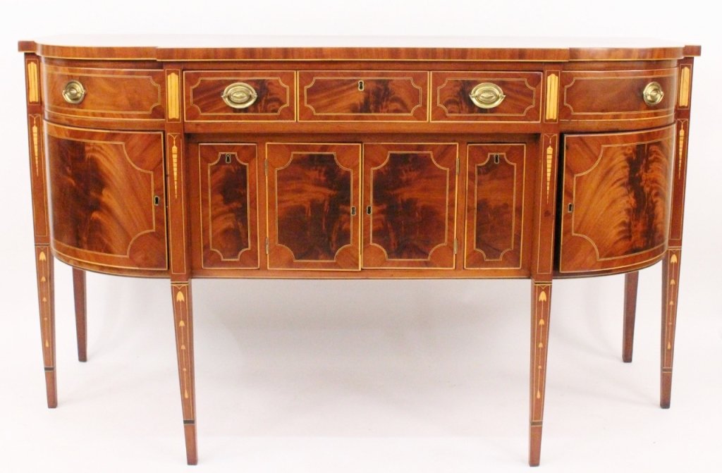 American Federal Mahogany Sideboard, C. 1795: American, likely New York, Late 18th century (circa 1795). Fine Federal figured mahogany and inlaid sideboard with three inlaid frieze pull out drawers at top above bottle drawers on sides of recessed