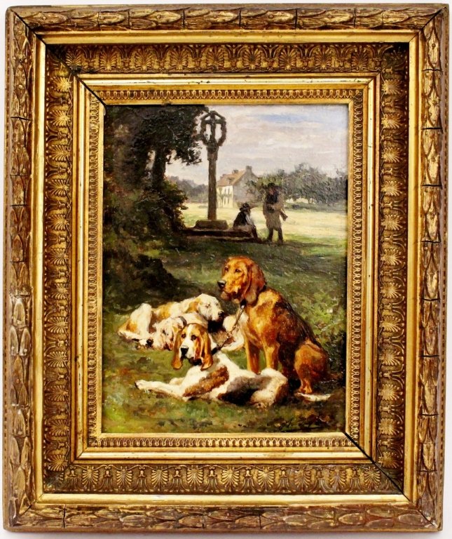 Charles Olivier de Penne "At Rest" Oil: Charles Olivier de Penne (French, 1831-1897), "At Rest", oil on wood panel. Signed lower right. Painting depicting four hounds resting in the field of a country estate after a hunt, two men with hunti