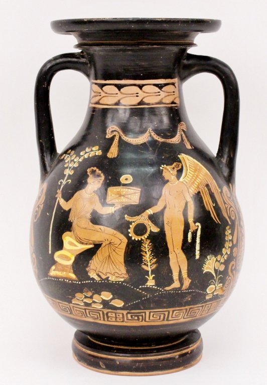 Greek Red Figure Pelike Vase: Greek. Pelike double handled vase with red figures on each side accented in cream and black. One side of vessel with seated woman holding a box out toward winged figure, possibly Nike under curtained 