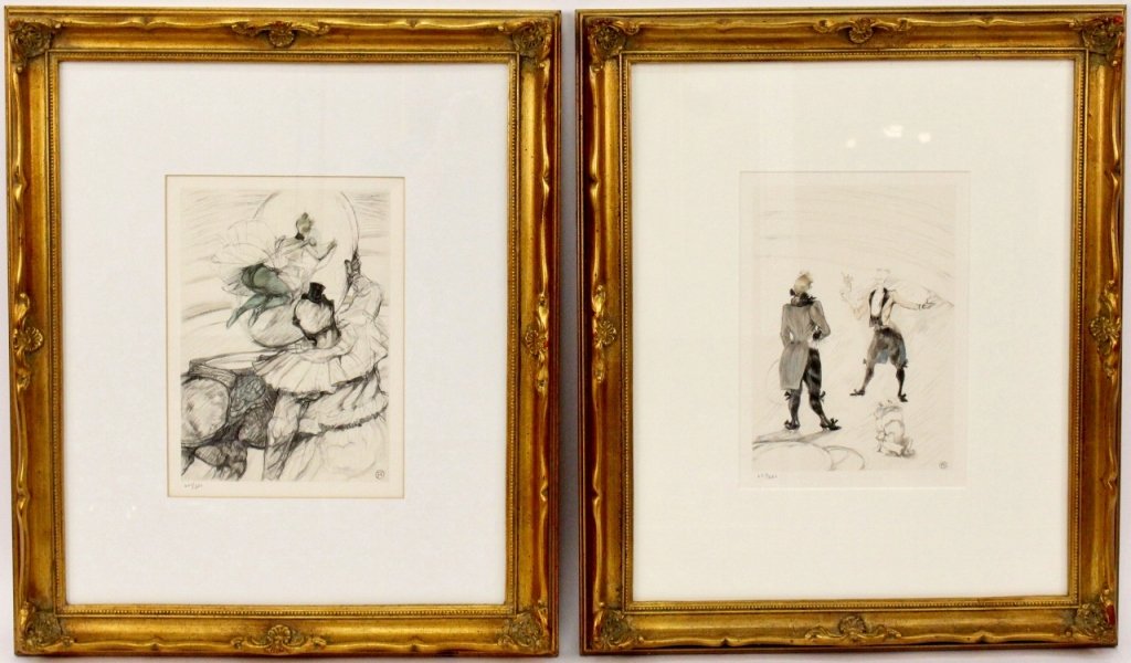 Pair of Circus Lithographs, After Toulouse-Lautrec: Set of two lithograph prints after Henri de Toulouse-Lautrec (French,1864-1901), each depicting images from his signature circus theme. One of "At the Circus: The Dog Trainer" (originally from 1899),