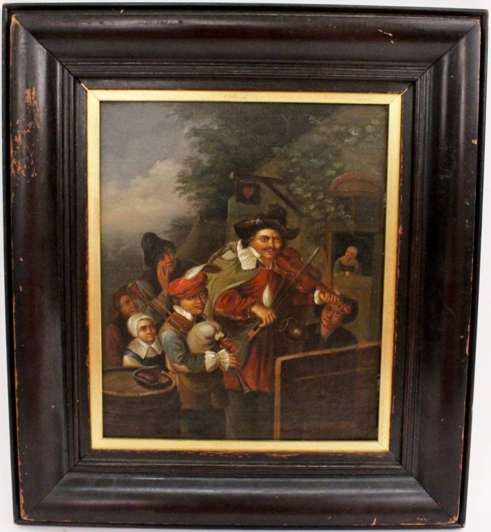 19th C. Continental School Figural Oil: Continental School (possibly Dutch), 19th century. Figural oil on canvas painting depicting two traveling musicians (taller with mustache playing violin, shorter and younger playing bagpipes). Musicia