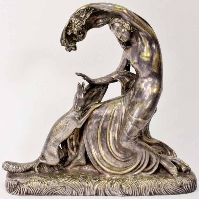 Gustave Gillot, Art Deco Figural Bronze Sculpture: Gustave Gillot (French, 1888-1965), "Art Deco Woman with Fox", silvered bronze sculpture, inscribed on base "G. Gillot". Also incised with "POMONE" on base. Figural sculpture depicting a semi nude Art