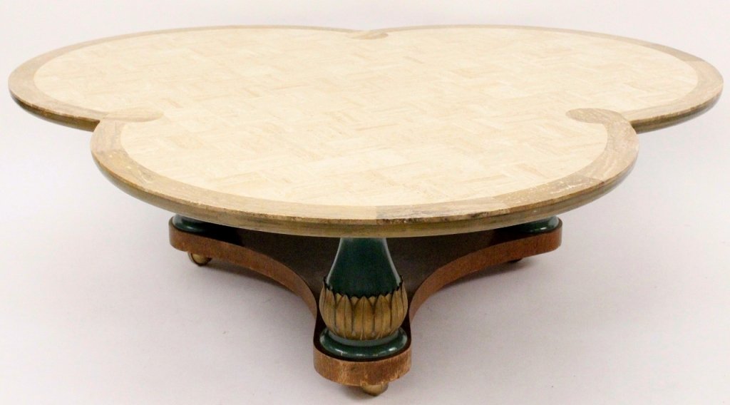 Maurice Bailey Marble Top Trefoil Coffee Table: Maurice Bailey for Monteverdi Young (Second half of 20th century), designer cream colored and banded marble top trefoil shaped coffee table with three green painted and gilt accented baluster form leg