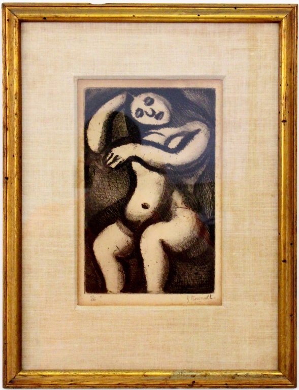Georges Rouault "Nu Assis" Etching: Georges Rouault (French, 1871-1958), "Nu Assis from Réincarnations du Père Ubu"-1932, etching and aquatint with roulette. Pencil signed lower right margin, numbered 57/225 lower right margin. Work d