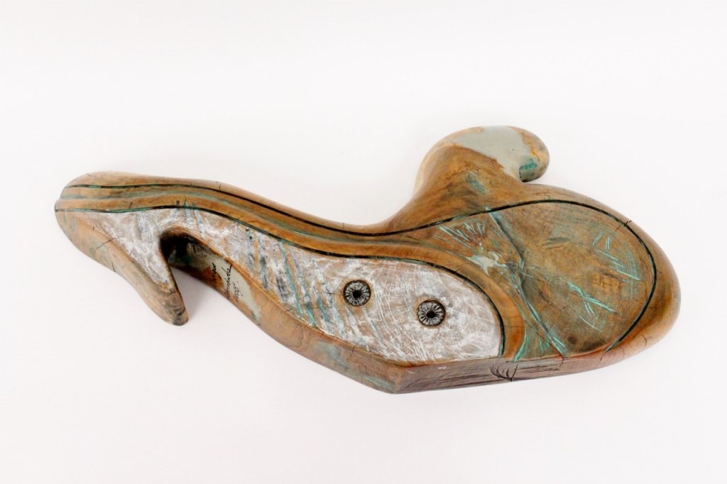 Oswaldo Hernandez "Albergue" Sculpture: Oswaldo Hernandez (Contemporary), "Albergue (Shelter/Refuge)"-2000, carved wood with patinated finish and metal accents. Modern abstract sculpture of organic, asymmetrical, and undulating form accente