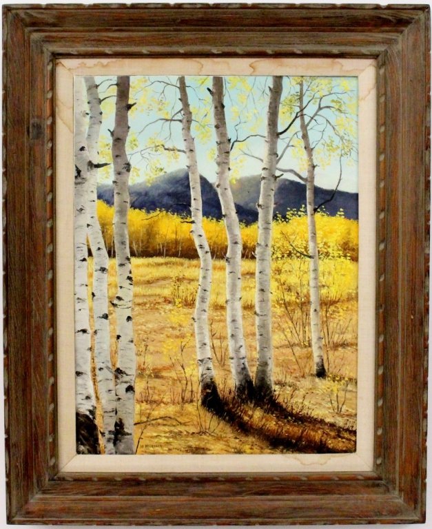Jo McGregor American Birch Trees Oil Painting: Jo McGregor (American, 20th century), "Birch Trees in Autumn", oil on canvas. Signed lower left. Painting depicting a small group of birch trees in autumn season with evidence of leaving changing colo