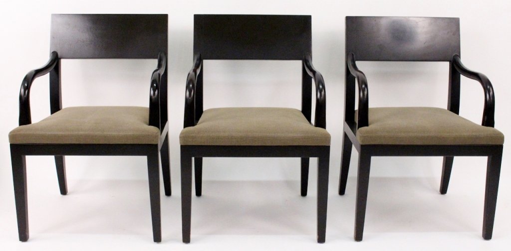 Set of 3 Christian Liaigre For Holly Hunt Chairs: Set of three matching Christian Liaigre (French, b.1943-) for Holly Hunt "Olon" open armchairs. Each with wooden frame in mahogany with espresso finish with custom grayish brown fabric upholstery on s