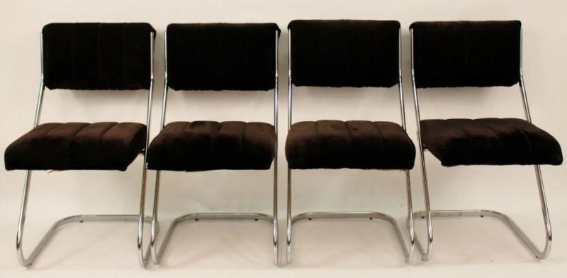 Set of 4 Chrome Side Chairs, Milo Baughman Style: 20th century. Set of four chrome metal and brown sueded upholstered dining side chairs with angled streamlined minimal modern frame in the manner of designer Milo Baughman (American, 1923-2003). Tag o