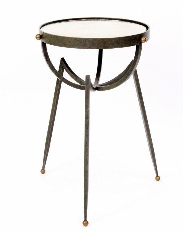 Modern Iron Gueridon Table w/Glass Inset Top: Mid century modern style small gueridon table with circular glass insert top with conforming silvered glass. Cast iron metal frame exterior with silvered-bronzed finish mounted with three gold tone ba