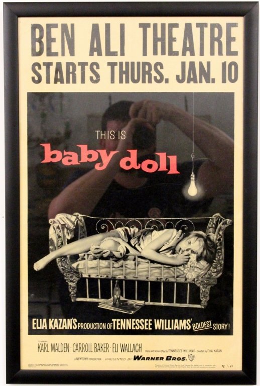 Vintage 1956 "Baby Doll" Film or Movie Poster: Baby Doll (Warner Brothers, 1956). Based on Tennessee Williams's controversial play,"27 Wagons Full of Cotton," this is the story of "Baby Doll" Meighan (Carroll Baker), a 19-year old virgin who refus