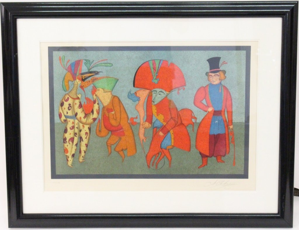 Mihail Chemiakin Figural Lithograph, Signed: Mihail Chemiakin (Russian/American, b.1943- ) "Untitled (Circus Scene)"-1978, color lithograph on wove paper. Pencil signed in lower right margin, marked in pencil lower left margin "45/300". Print de
