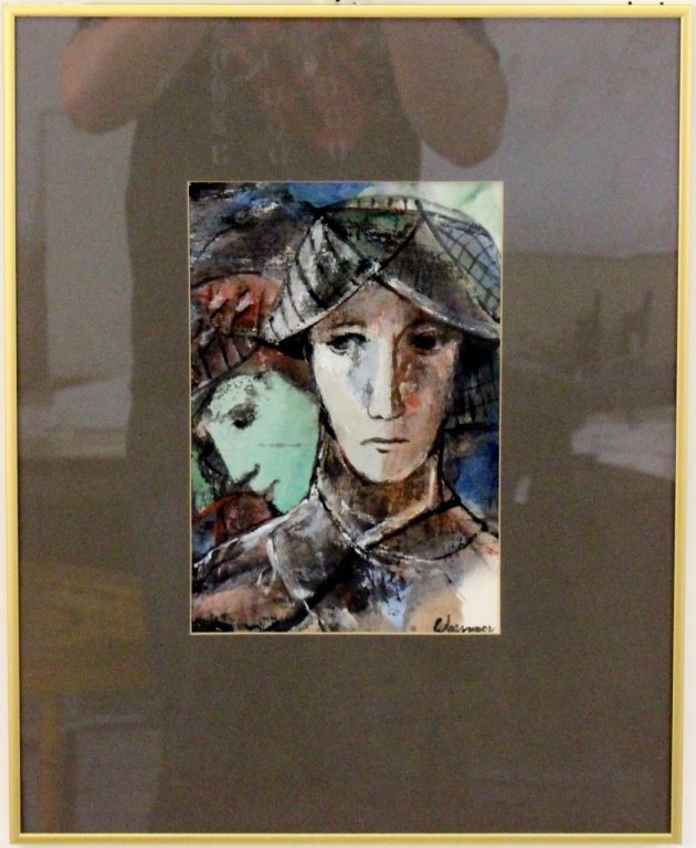 Theodore Wassmer Figural Mixed Media: Theodore Milton Wassmer (American, b. 1910-2006), "Two Figures"-1987, mixed media on paper (acrylic and watercolor). Signed "Wassmer" lower right. Work depicting two figures, one at right wearing grey