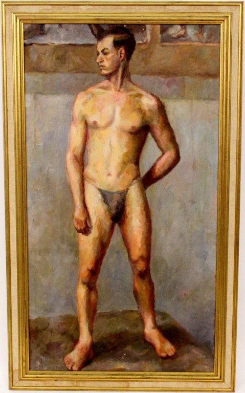 Frank Penfold Brown Male Nude Oil Study: Frank Penfold Brown (American (Savannah, Georgia), 1914-1979), "Standing Young Male Figural Study", oil on canvas. Apparently unsigned. Figural studio study painting depicting a standing male nude wit