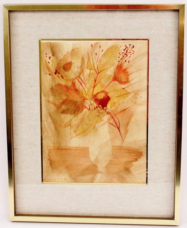 Levier Floral Still Life Watercolor: Charles Levier (French 1920-2003), "Floral Still Life", watercolor on paper. Painting depicting a still life scene in muted tones portraying a table vase with flowers. Signed lower left. (Work not exa