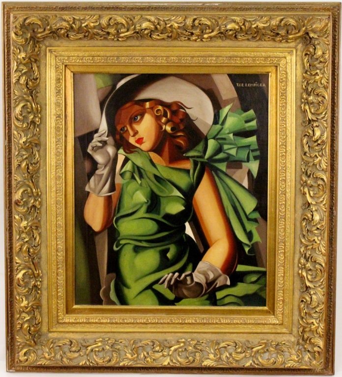 After de Lempicka "Young Lady in Green" Oil: After Tamara de Lempicka (Polish/Russian,1898-1980), "Young Lady in Green"-circa 1927, oil on canvas. Contemporary painting after Lempicka's master painting currently housed in the Musée National d'A
