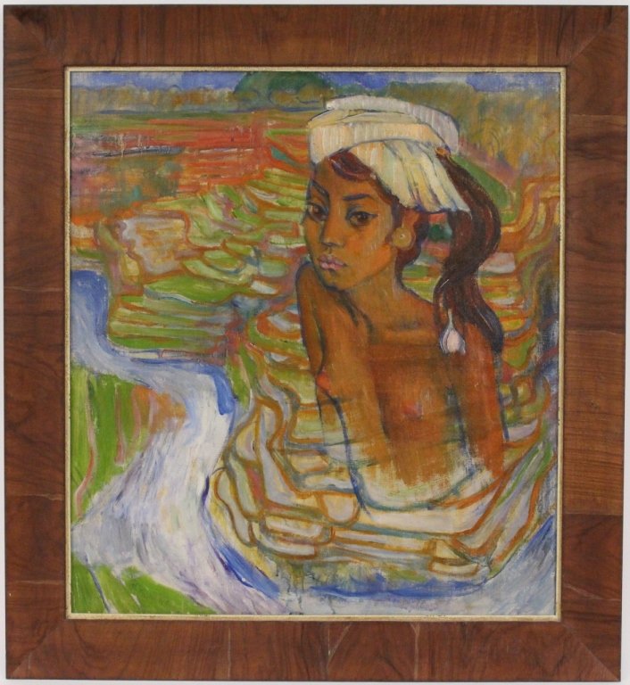 Theo Meier Balinese Female Nude Oil on Canvas: Theo Meier (Swiss/Thai,1908 - 1982/84), "Balinese Female Nude"--1945, oil on canvas. Signed and dated lower left "Theo Meier '45". Painting depicting a young Balinese female nude wading in water with 
