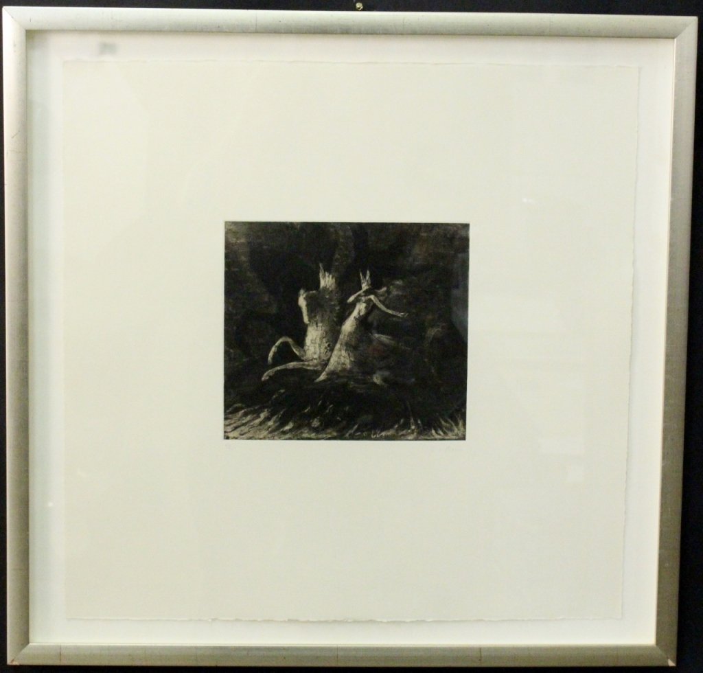 Christopher Le Brun Etching "Brunnhilde": Christopher Le Brun (British, b. 1951- ), "Brünnhilde"-1993, etching. Pencil signed lower right "Le Brun", numbered lower left margin"34/35". Image depicting Brunnhilde, a shield maiden and a valkyri