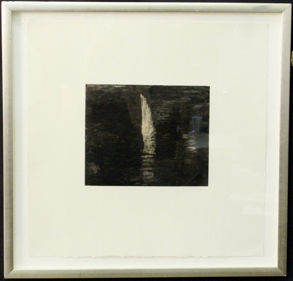 Christopher Lebrun Etching "Wing": Christopher Le Brun (British, b. 1951- ), "Wing LVI"-1993, etching. Pencil signed lower right "Le Brun", numbered lower left margin"29/35". Image depicting a white feathered stylized wing on the water