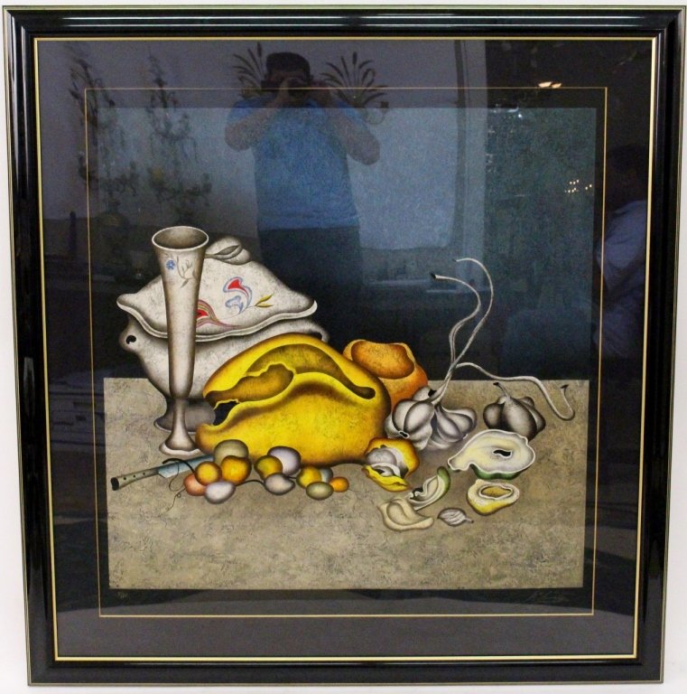 Mihail Chemiakin "Nocturne in Gold & Grey" Litho: Mihail Chemiakin (Russian/American, b.1943- ) "Noturne in Gold and Grey"-1998, color lithograph on wove paper. Signed in lower right margin, numbered lower left margin "7/60". Print depicting a still 