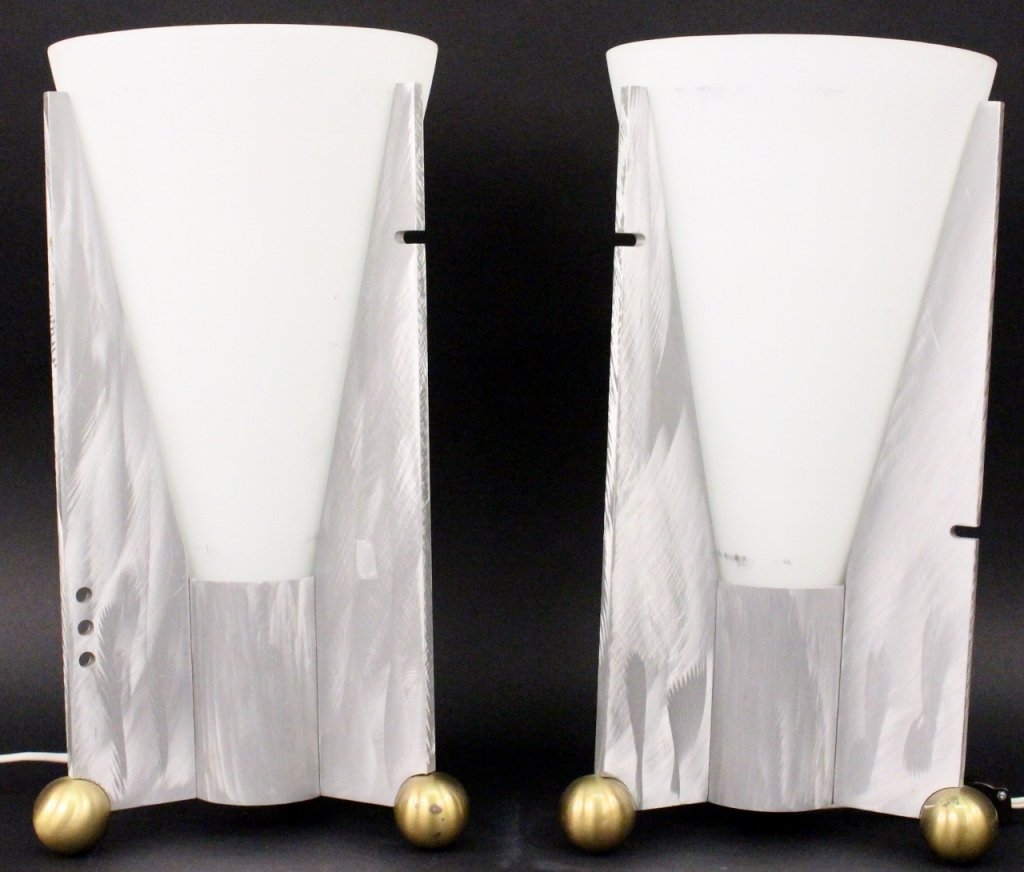 Pair of Robert Sonnenman for Kovacs Table Lamps: American, Last quarter of 20th century, circa 1990. Pair of matching Robert Sonnenman for George Kovacs electrified accent or table lamps in Art Deco style with streamlined and sleek design with frost