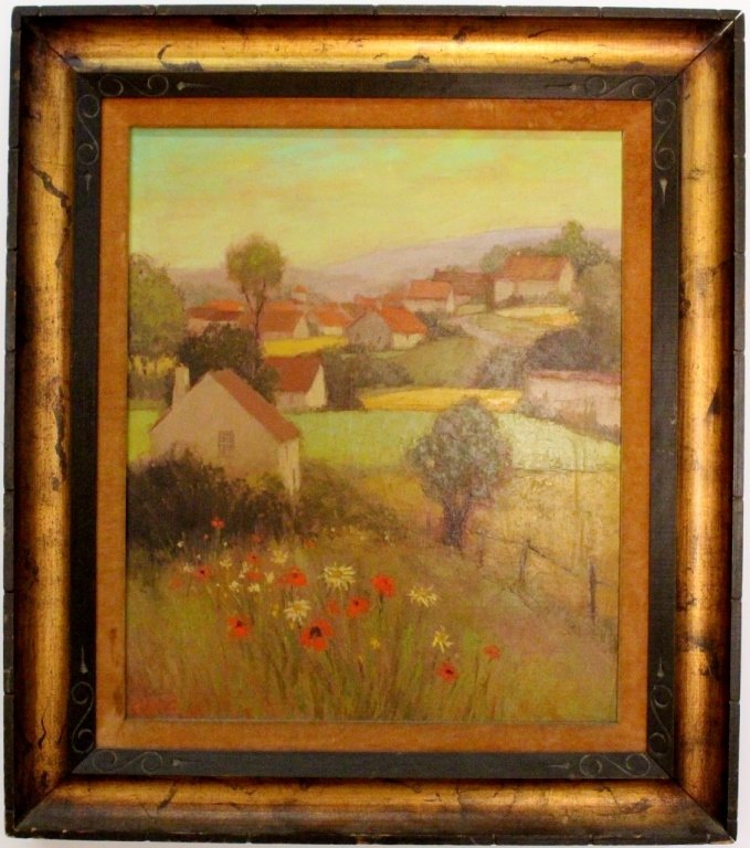Ronald Greg, Landscape with Houses, Oil on Canvas: Ronald Greg (English/Canadian, b. 1929- ), "Landscape with Houses", oil on canvas, signed and dated lower left 'GREG 68". Painting depicting a charming landscape with a field of wildflowers in foregro