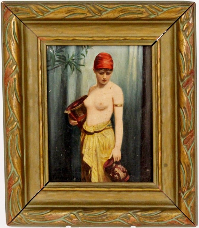 Diminuitive Oil After Nonnenbruch, Water Carrier: After Max Nonnenbruch (German, 1857-1922), "The Water Bearer", oil on wood panel, signed lower left "Copy Nonnenbruch". Painting after the master's original painting depicting a young semi nude woman