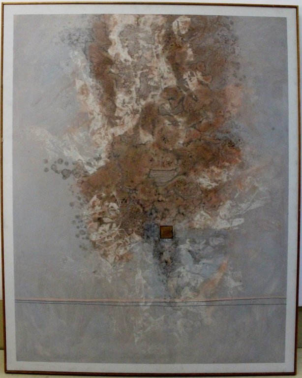 Contemporary John O. Thomson Abstract Oil: John O. Thomson (American (California), Contemporary), "Wild Root"-1986, oil on canvas, signed lower right "Thomson". Painting depicting a gold box outlined in black at lower center on purple, white, 