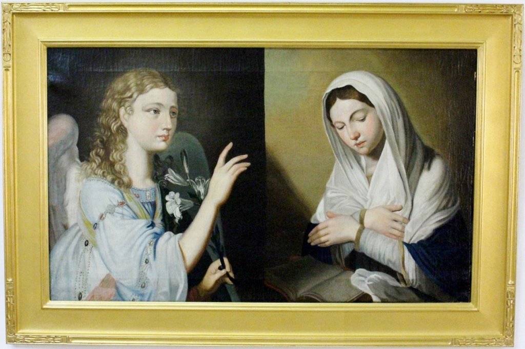 Continental School, Annunciation Oil on Canvas: Continental School, likely Italian (Late 19th century), "The Annunciation to the Blessed Virgin", oil on canvas, apparently unsigned. Painting depicting the Annunciation with the angel Gabriel deliver