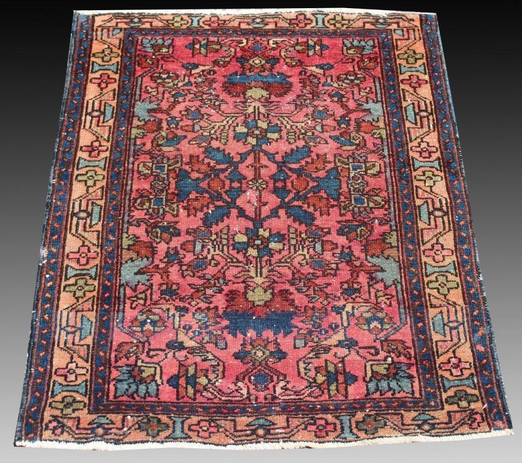 Hand Woven Persian Throw Rug: floral on Rose field with blue border measures approximately 2'2" x 2'11"