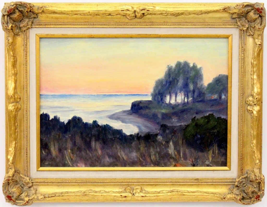 John A. Dominique California Beach at Sunset Oil: John Augustus Dominique (American (California),1893-1994), "View of Beach Near Santa Barbara Beach at Sunset"-1931, oil on canvas, signed lower right. Painting depicting a California beach landscape a