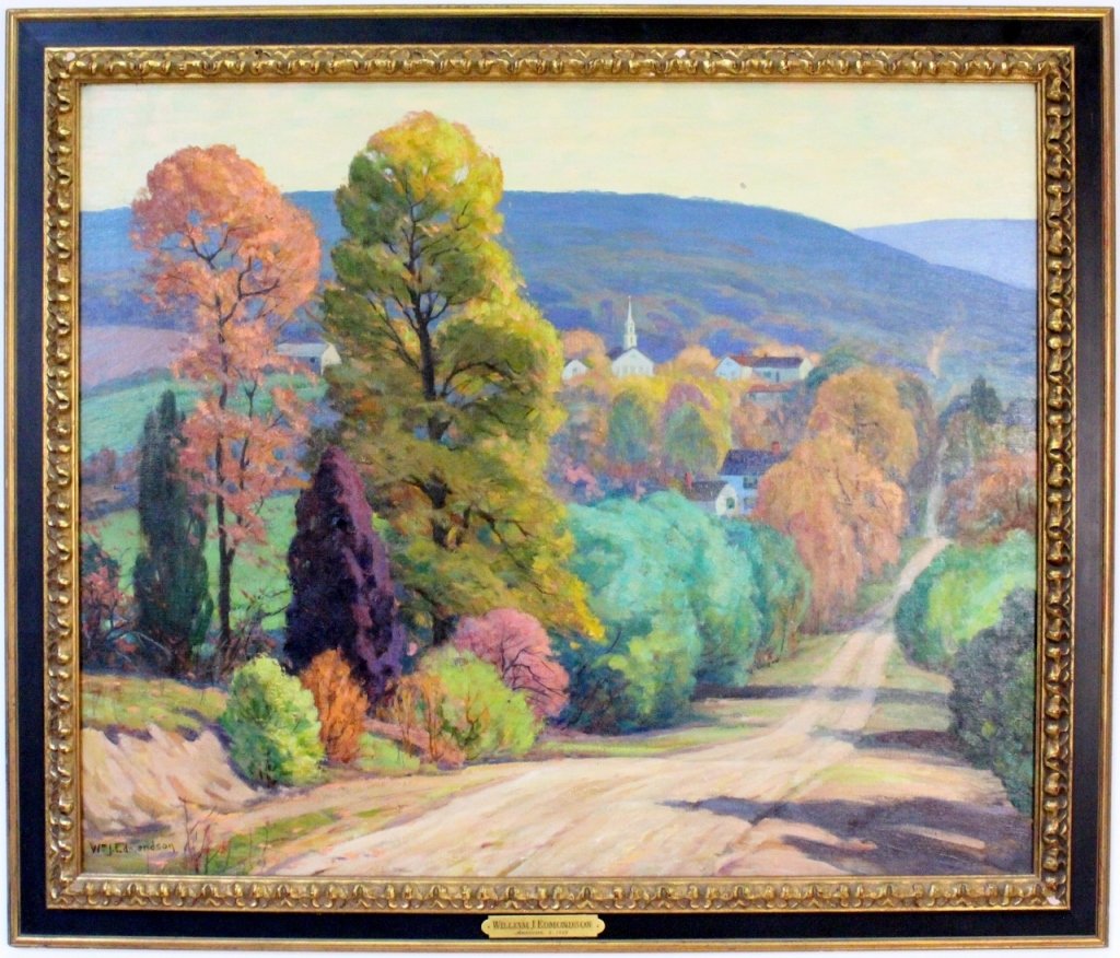 William John Edmondson Autumn Landscape: William John Edmondson (American (Ohio, Pennsylvania, California), 1868-1966), "Autumn Landscape with Country Road", oil on canvas. Signed lower left "Wm J. Edmondson". Painting depicting a fall lands