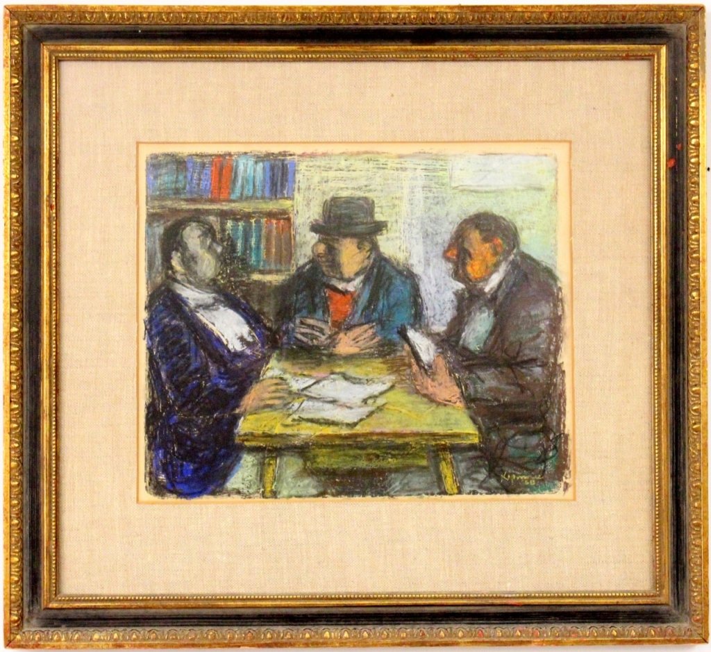 Benjamin Kopman Figural Work of 3 Men, Signed: Benjamin D. Kopman (American/Russian 1887-1965), "Three Men Reviewing Papers in Library"-1958, pastel on paper. Signed and dated lower right. Work depicting three men seated at a table with white shee