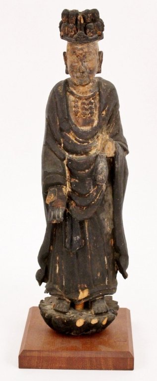 Carved & Polychromed 11 Headed Guanyin Sculpture: Chinese, 19th century, possibly earlier. Hand carved and polychromed (some minor remnants visible, other areas ebonized) Guanyin, Buddhist deity figure (bodhisattva of mercy or compassion) depicted st