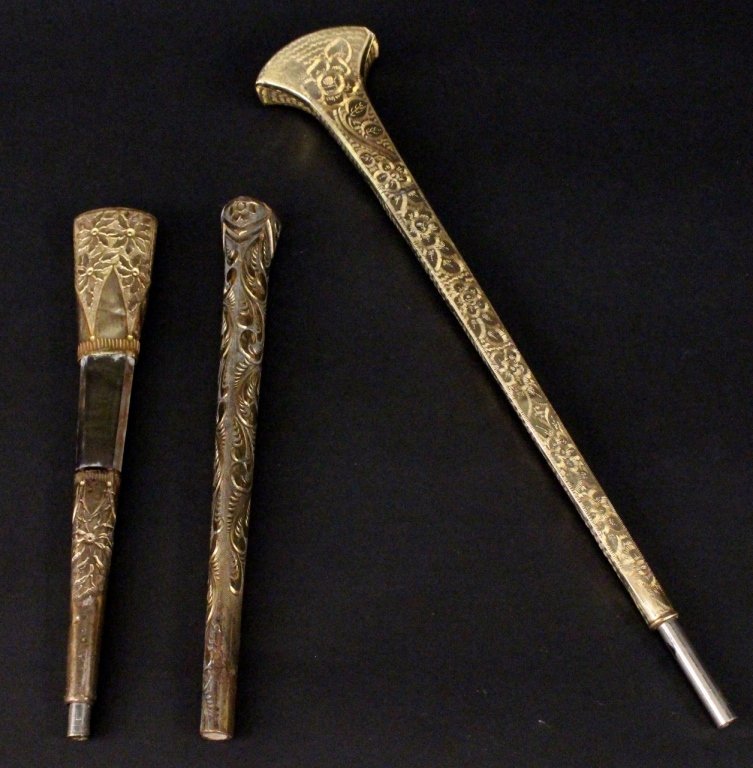 Group of Three Victorian Parasol Handles: Group of three Victorian parasol handles comprising of a tapered rolled gold with floral repousse handle with thick abalone band, inscribed on end "Zoe M. Wheeler", item marked with H within rectangle