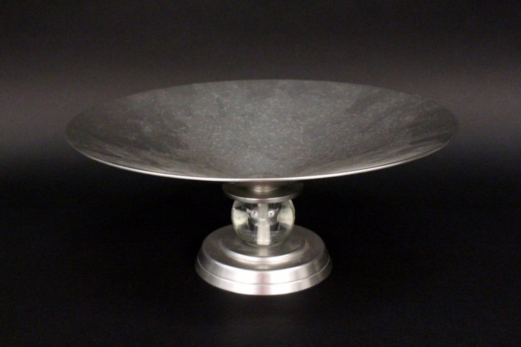 Guild for Kensington Aluminum Bowl: Lurelle Guild (American 1898-1985) for Kensington "Stratford" aluminum footed bowl. Decorative brushed aluminum center or console bowl with sleek streamlined design having a circular foot with rounded